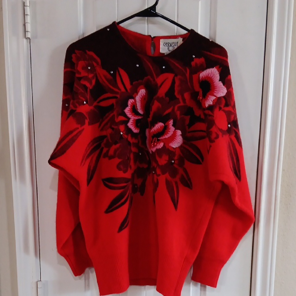 Vintage Cervelle Lambswool Angora Beaded Floral Sweater Red Black M Batwing 80s